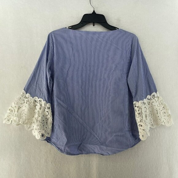 Zara Blouse Women's Sz XS Blue Striped Boat Neck Embroidered Bell 3/4 Sleeve - Picture 2 of 12